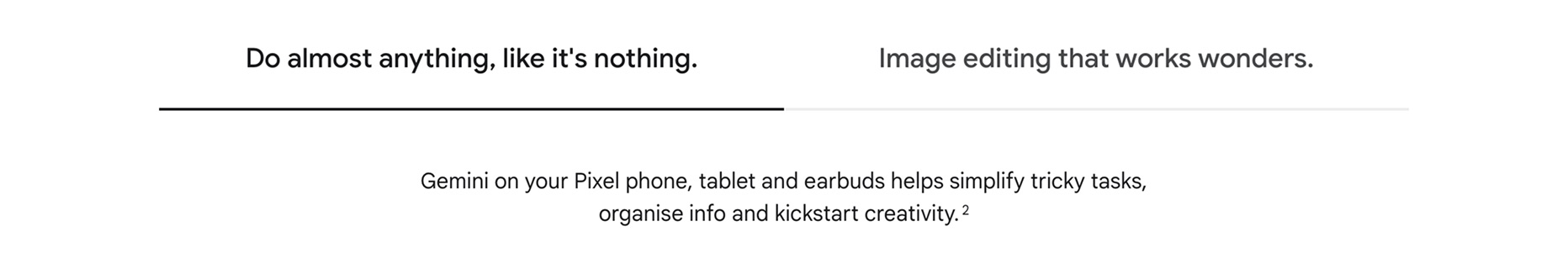 Two tabs, “Do almost anything, like it's nothing” (active) and “Image editing that works wonders”, with a line about Gemini on Pixel.