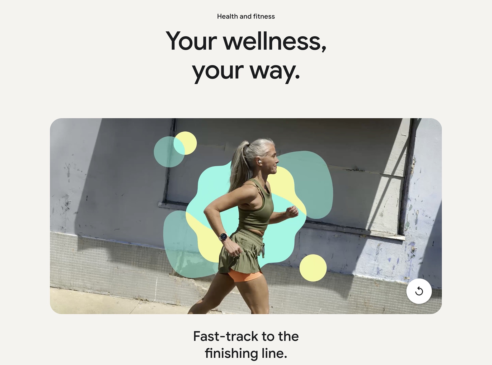 Health and fitness section, “Your wellness, your way”, with a runner wearing earbuds and a watch against a wall of teal and yellow shapes.