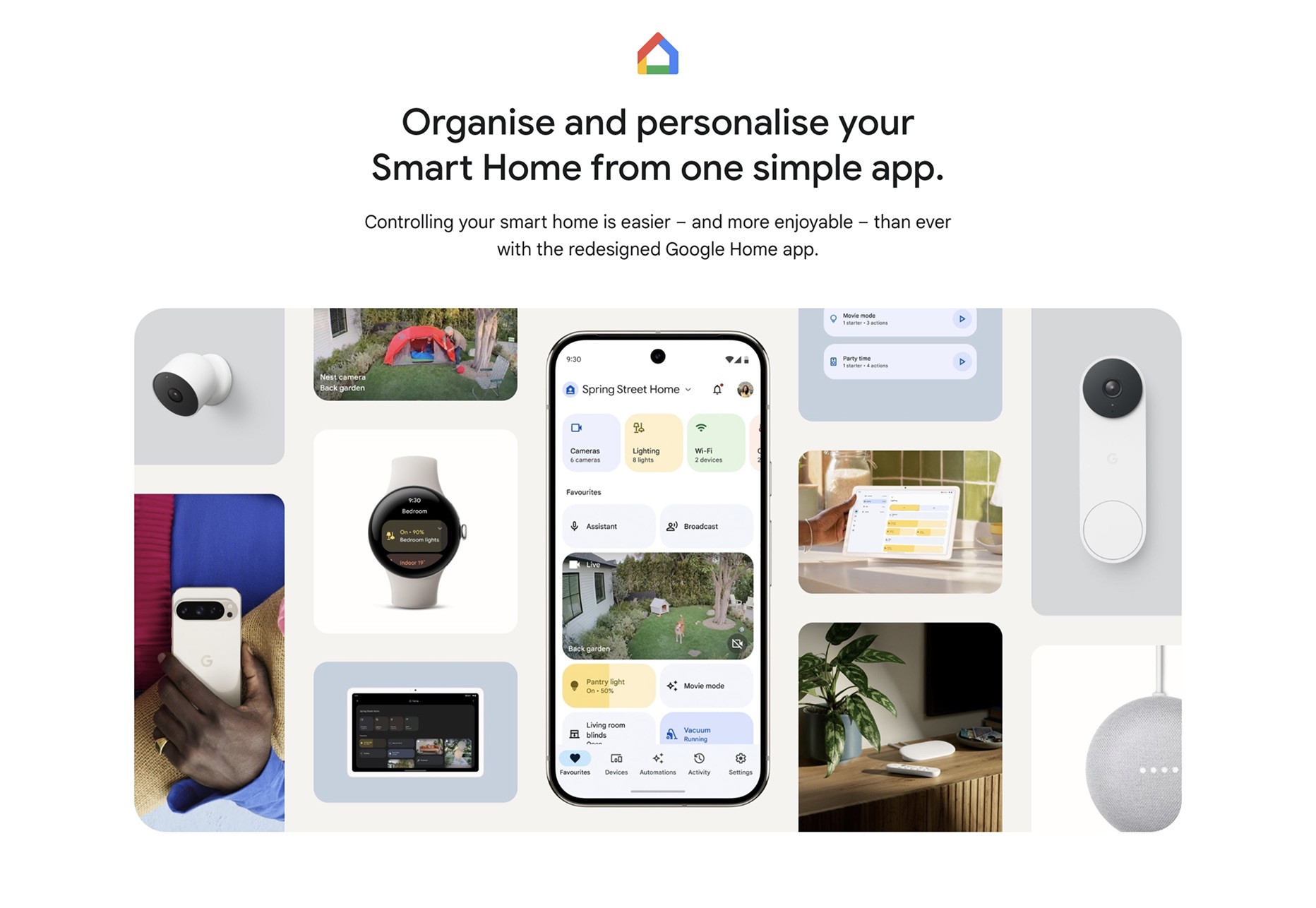 “Organise and personalise your Smart Home from one simple app” over a collage of the Google Home app, cameras, doorbell, watch and speaker.