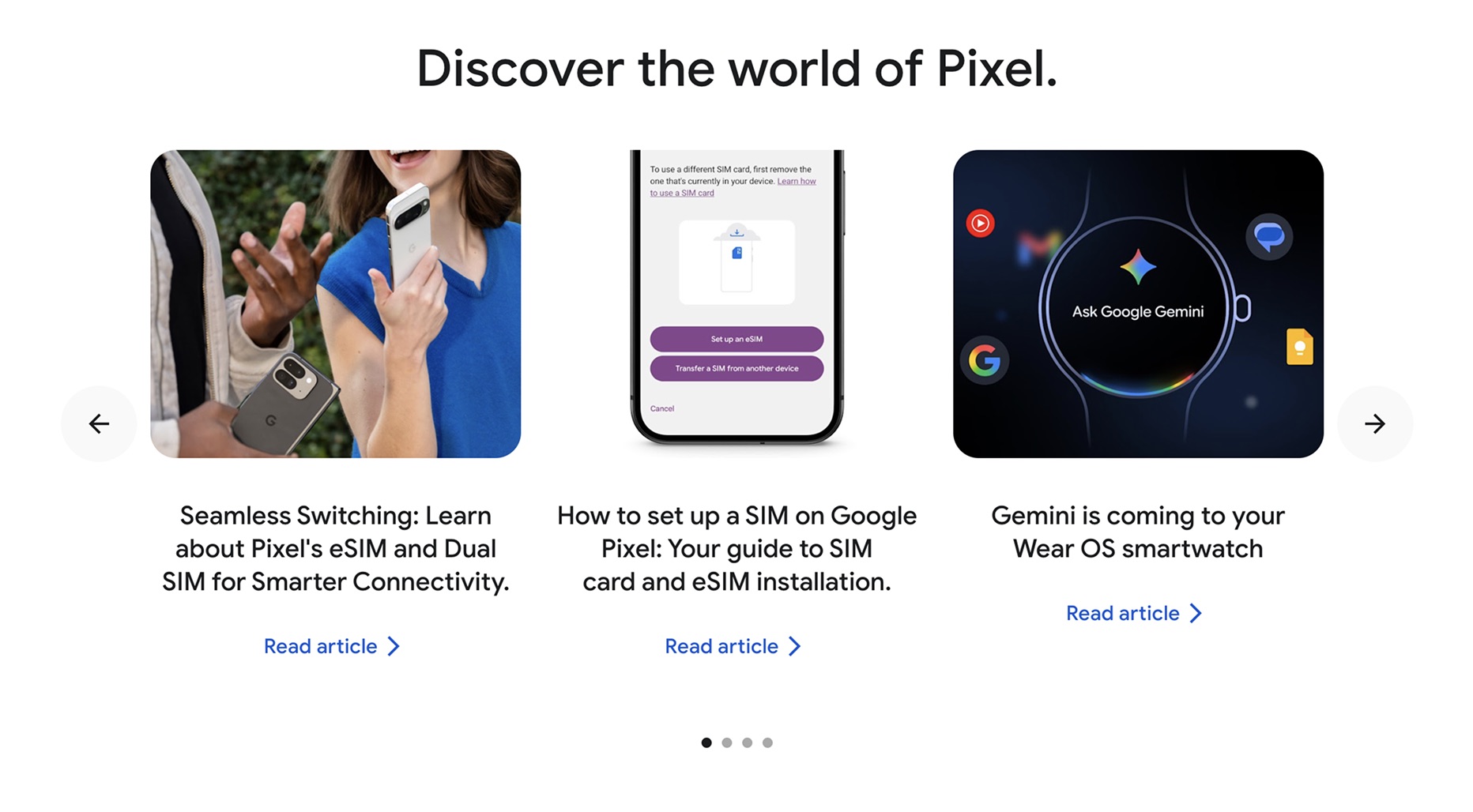 “Discover the world of Pixel” carousel with article cards on eSIM and Dual SIM, SIM setup, and Gemini on Wear OS.