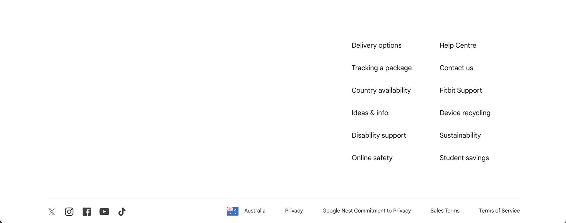 Page footer with support links, social icons, a region selector and legal links.