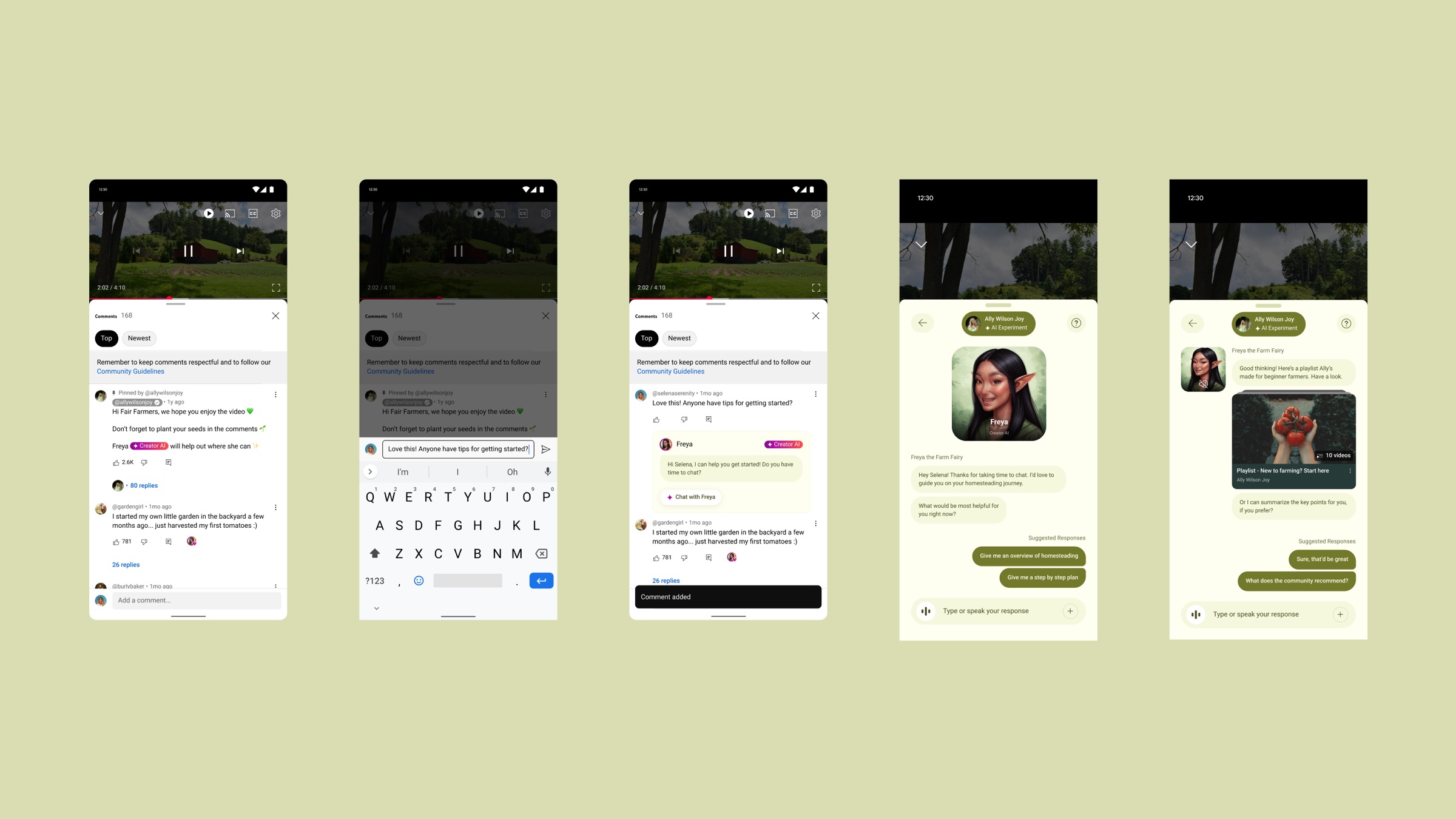 Five phone screens on olive green: a farming video's comments with a Creator AI reply, then a chat with Freya the Farm Fairy.