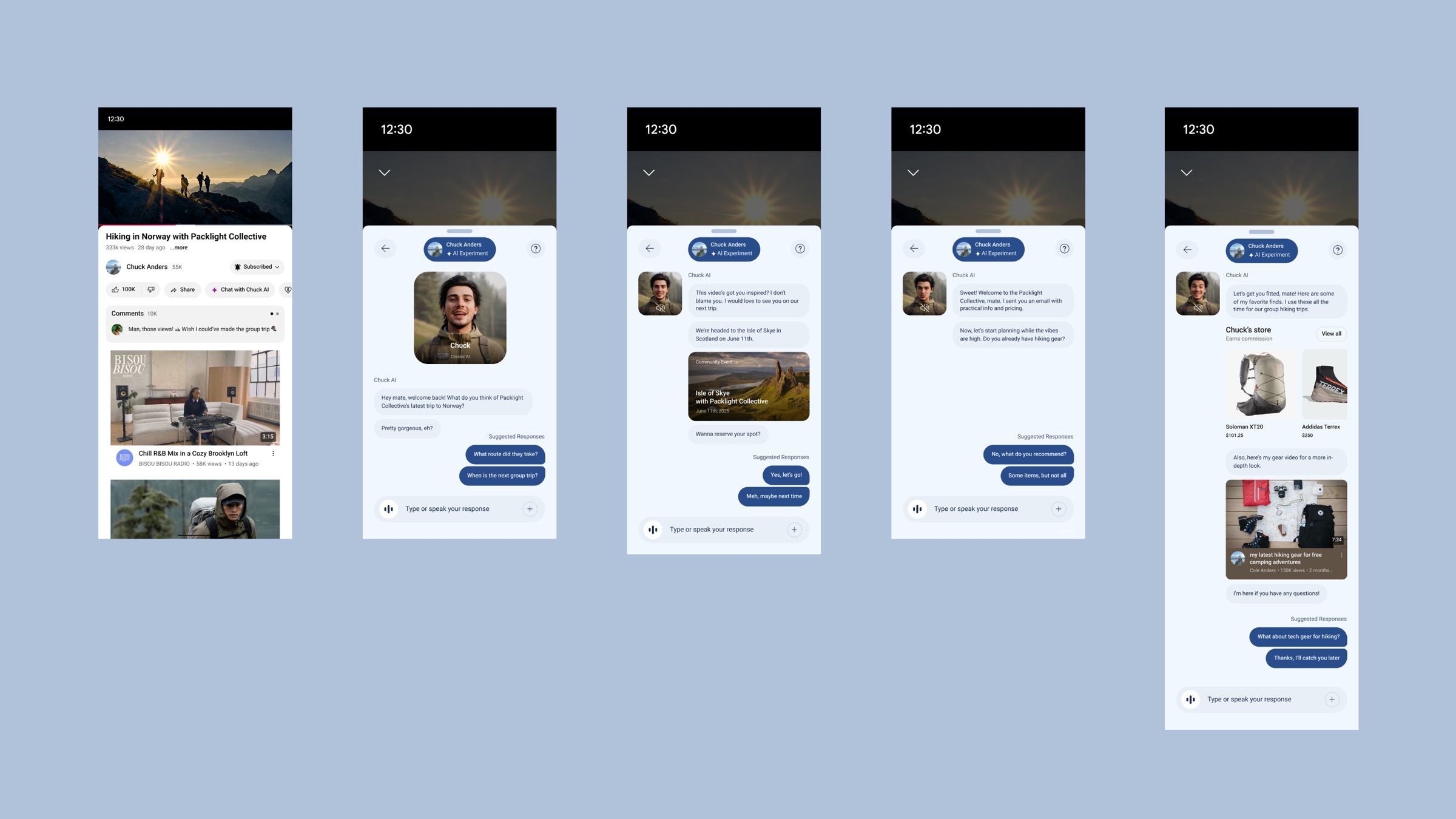 Five phone screens on blue: a hiking video with a “Chat with Chuck AI” button, then a chat suggesting a trip and gear from Chuck's store.